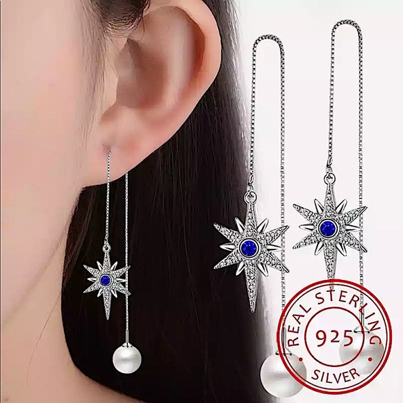 STERLING SILVER SWAROVSKI CRYSTAL STAR PEARL THREADER EARRINGS - Picture 3 of 4